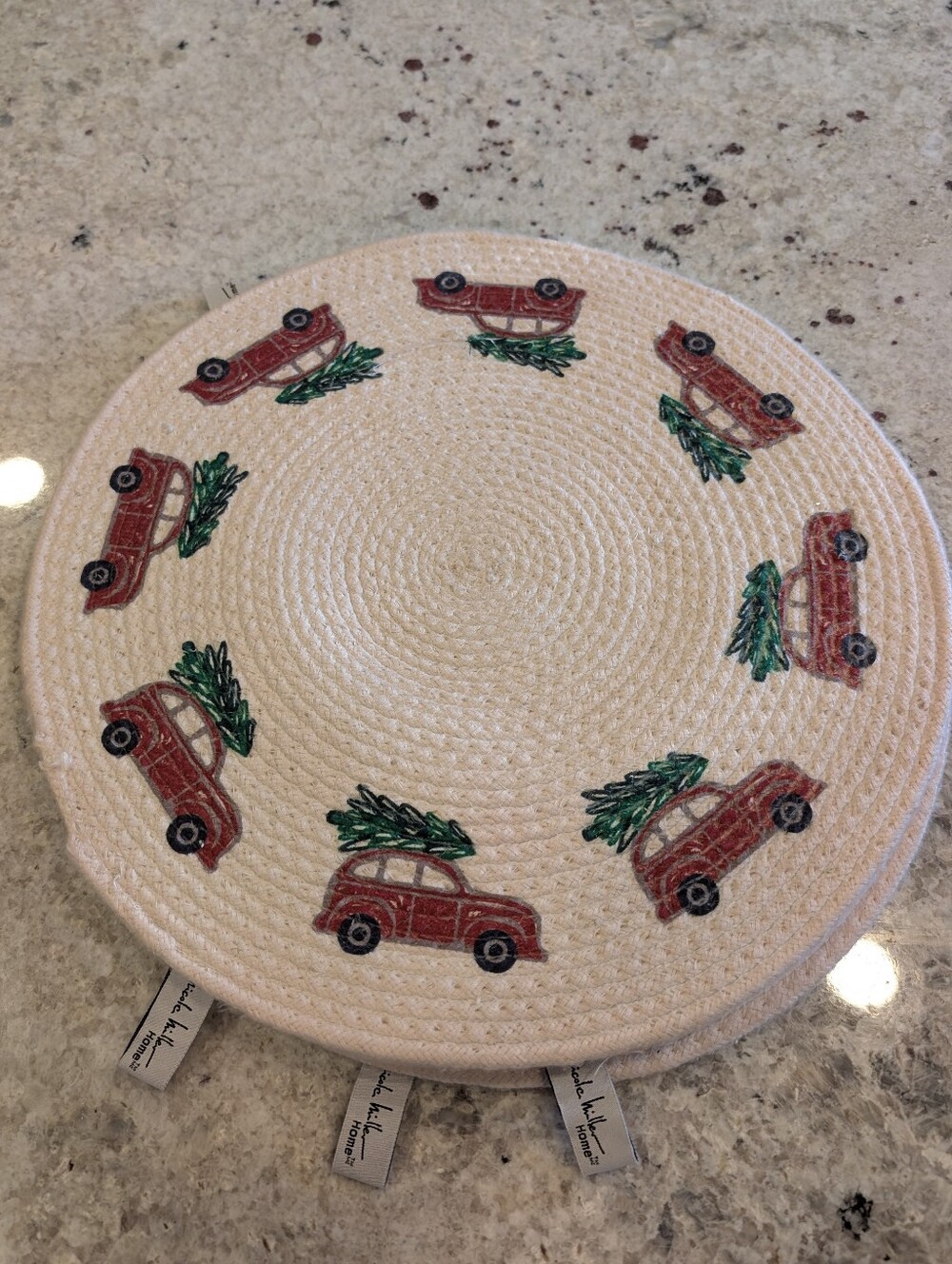 Set of 4 Nicole Miller Christmas Placemats with Vintage Red Truck Christmas Tree